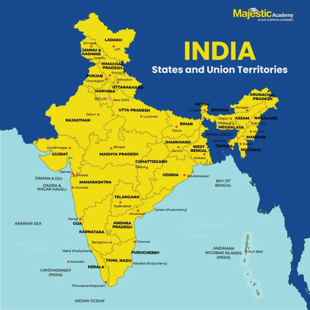 Map of India showing all states and union territories with their capitals for competitive exams 2025

