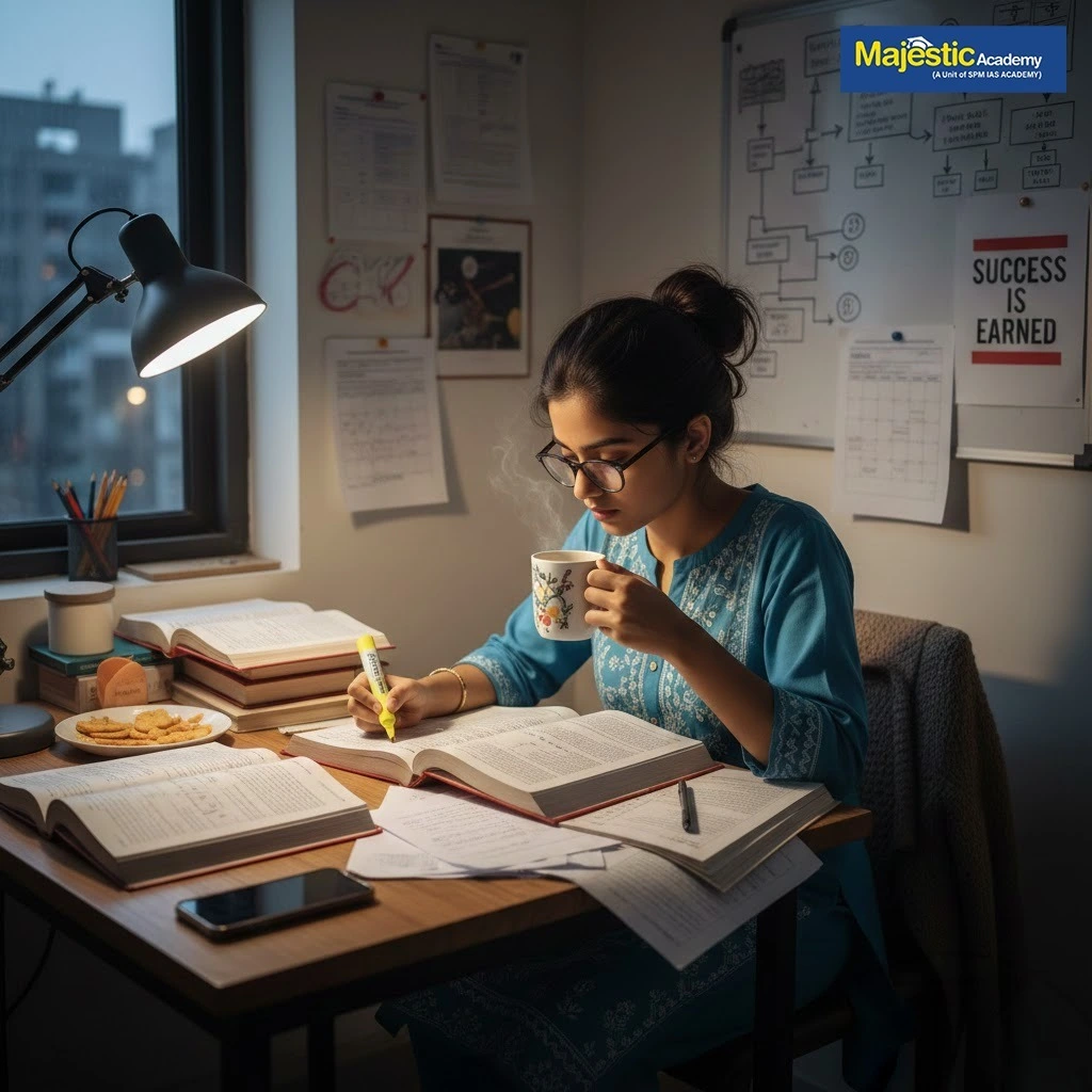 Student preparing for SSC Selection Post exam studying with books and notes at desk during night study session