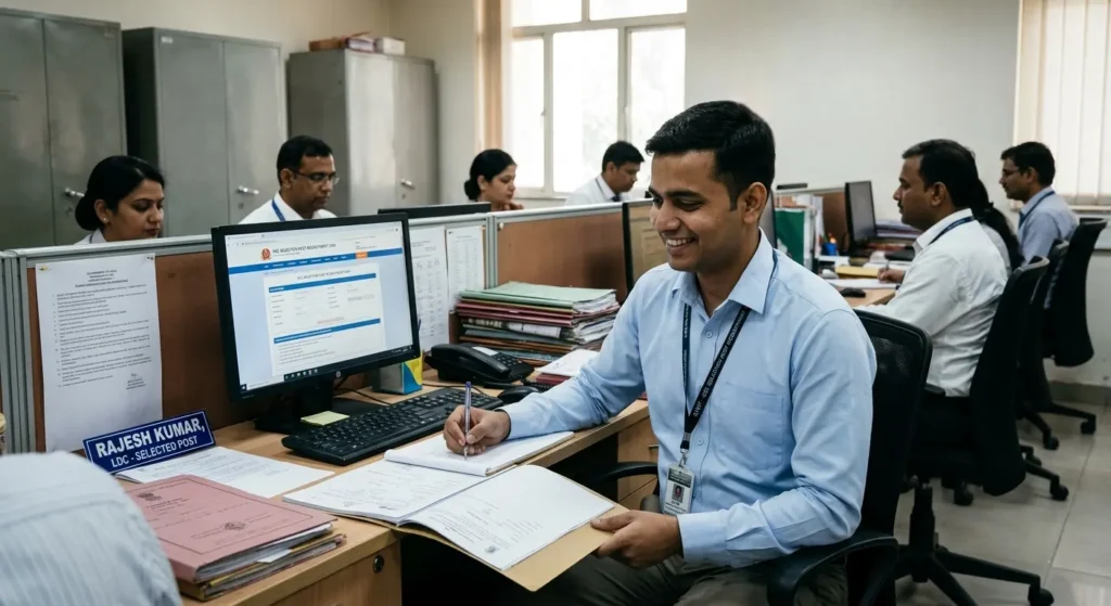 SSC Selection Post Recruitment government job office environment showing employees working at computer desks in administrative department